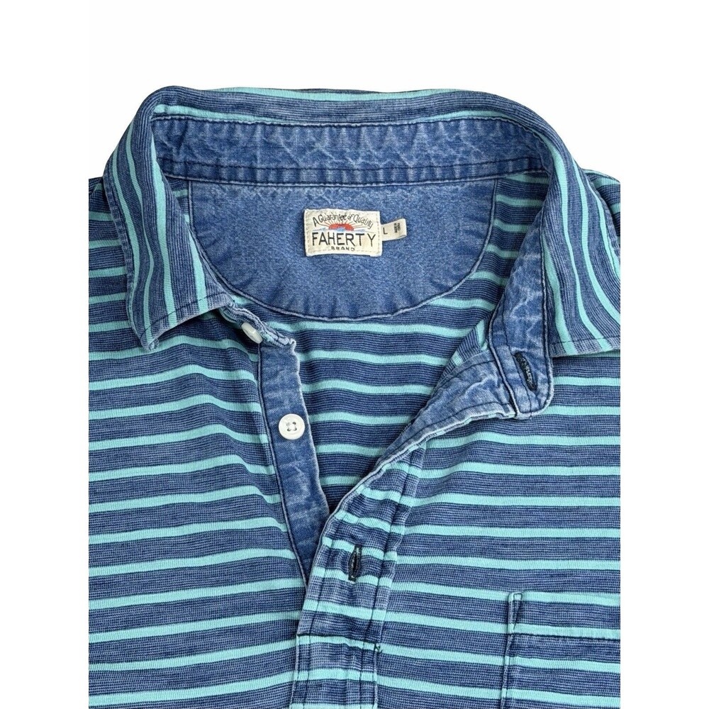FAHERTY Brand Men's Size L Indigo Dyed Striped Pocket Polo Shirt Blue Teal SS